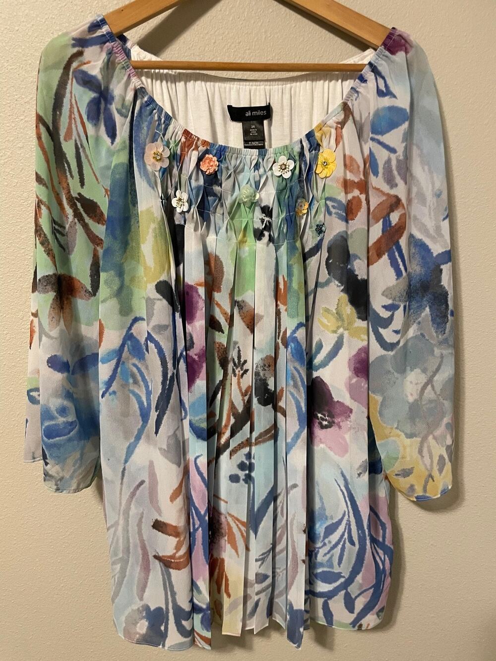 Ali Miles Tunic Top Womens 2X Multicolor Floral Applique Beaded Lined Artsy Boho